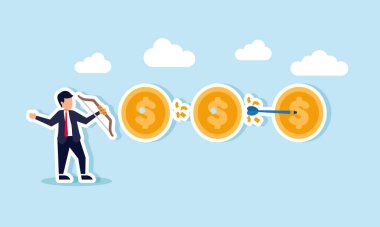 Bir dizi bozuk paraya ok atan bir işadamı, birden fazla iş varlıklarına yapılan yatırımların resimlerini çiziyor