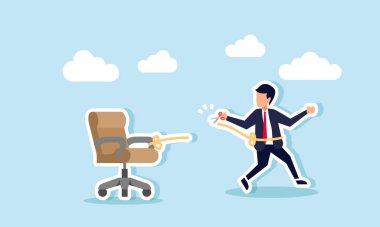 A businessman cuts the rope tying him to an office chair with scissors, illustration of resigning from a job that hinders personal and career development clipart