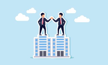 Ofis binalarında el sıkışan iki işadamı, bir iş sözleşmesinde anlaşmanın çizimi.