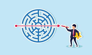 Yıldız ve kalem taşıyan bir işadamı labirente düz bir çizgi çiziyor. Reytingleri ve iş kalitesini yükseltmek için iş sorunlarını çözmenin bir göstergesi.