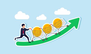 Bir işadamı, yükselen yeşil bir tabloda bitcoin dolu bir dizi alışveriş arabası itiyor, eğilimlere ve değerlemeyi artırabilecek konulara yatırım yapmak için bir çok bitcoin satın almanın bir göstergesi