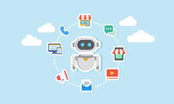 Ticari pazarlama yönetimi, iş yönetimi etkinliği ve verimliliği için yapay zekanın kullanımını gösteren öğelerle çevrili bir yapay zeka robotu
