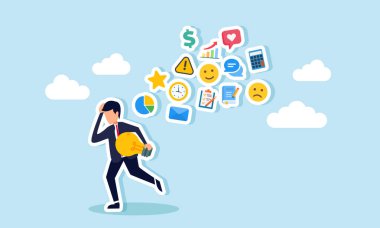 Elinde lambayla koşan bir işadamı, onu ticari yönetim öğeleri takip ediyor ve takip ediyor, iş fikirleri ve yenilikler üzerinde çalışırken diğer görevleri yerine getirmenin illüstrasyonunu yapıyor