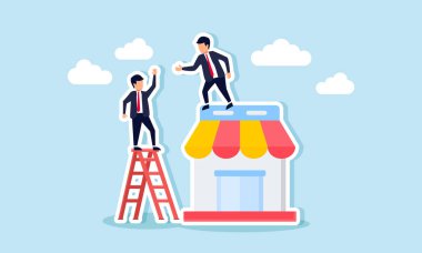 Bir işadamı bir dükkânda duruyor, basamaktaki başka bir işadamına yardım etmeye çalışıyor, girişimcilere birlikte bir pazar yeri geliştirmeleri için yardım etmenin bir göstergesi.