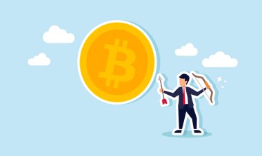 Elinde ok tutan bir iş adamı dev bir bitcoin 'in yanında duruyor. Belirli bir değerde bitcoin' i analiz edip hedeflediğini gösteriyor.