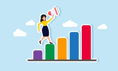 Bir iş kadını elinde bir grafiğin üzerinde duran bir megafonla, ticari ilerlemeyi tanıtmak ve eğitmek üzerine bir illüstrasyon