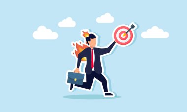 fire burning a businessman holding a target board, illustration of a deadline to complete business targets clipart