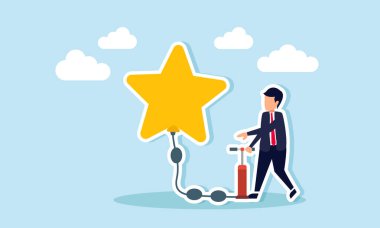 İş adamının bir yıldızı daha büyük yapmak için pompalaması, iş kalitesini yükseltme çabalarının bir göstergesi ve başarılı bir iş için derecelendirme