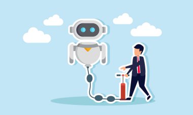 businessman pumping an AI robot like refueling, illustration of completing AI prompts as a database to make AI smarter in managing business clipart