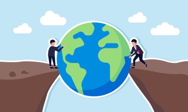 Uçurumun iki ayrı ucunda duran iki işadamı dev bir küreyi birlikte kaldırıyor. Küresel pazara ya da uluslararası ölçekte egemen olmak için ortak bir girişimin resmi.