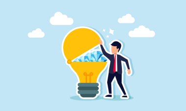 İş adamı, ticari varlıkları artırmak için çeşitli elmaslar, fikirler ve yenilikler içeren bir lamba açar