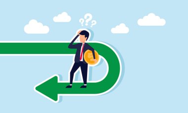 Bir işadamı U dönüşü üzerinde duran bir dolar tutar, kafası karışık görünür, ticari kar performansı ve gelir aniden düşer