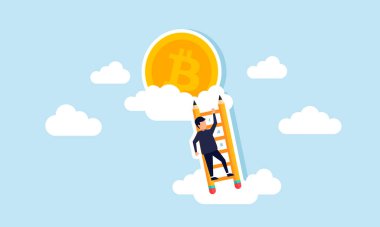 Bir işadamı bulutlardaki bir bitcoin 'e ulaşmak için kurşun kalem merdivene tırmanır. Bitcoin varlıklarını biriktirmek için planlama ve tasarım çizimi yapar.