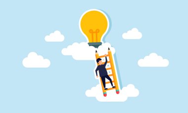 Bir işadamı bulutlardaki lambaya ulaşmak için kurşun kalem merdiveni tırmanır. Fikir ve yenilikler elde etmek için planlama ve tasarım çizimi yapar.