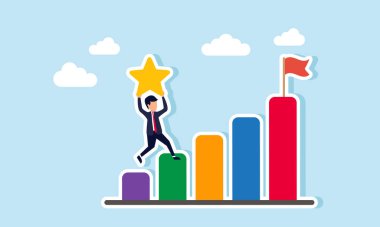 Bir iş adamı, bir yıldızı, kalite derecelendirme ve iş performansı arasındaki ilişkinin bir çizelgesi olarak yukarı kaldırır ve taşır.  