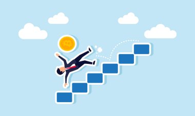 Bir işadamı, Bitcoin ile birlikte kayıp merdivenden düşer. Bitcoin değerinin düşüşünün bir göstergesi.  