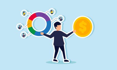 Bir işadamı bir elinde bir dolar ve üzerinde insanlar olan bir daire çizelgesi tutuyor. Hisse senedi hisse senedi dağıtımı yönetiminin bir resmi.  