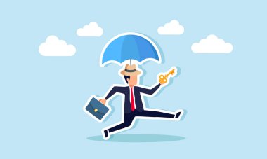 Şemsiyeli bir şapka giyen bir işadamı elinde anahtar tutarken koşar. Gizliliğin korunması ve bir şirketin işinin anahtarı.