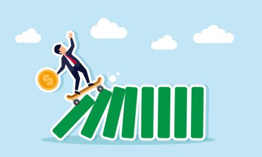 Para taşıyan bir işadamı bir kaykayı sürüp bir dizi bloğa çarpar. Şirketin mali istikrarının iş sorunlarıyla başa çıkmada nasıl yardımcı olduğunun bir göstergesidir.