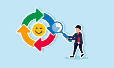 Bir işadamı, bir büyüteç kullanarak mutlu ya da gülümseyen bir ifade ile etiketlenmiş bir döngü gözlemler, pazar katılımının akışını ve hareketini analiz eder.