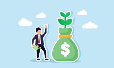 Bir işadamı, büyüyen bitkilerle dolu bir para çantasının yanında duruyor. Büyümek için teşvik edici ve besleyici şirketlerin finansmanlarını gösteriyor.