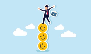 Bir iş adamı, bir yığın mutlu duygu simgesi üzerinde dengesiz duruyor. Piyasanın ilgisini ve bağlılığını koruduğunu gösteriyor.