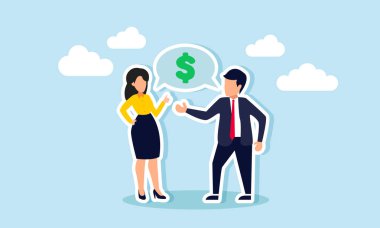 Bir işadamı ve iş kadını, üzerinde dolar işareti olan bir diyalog kutusu yaratarak, şirket gelirlerini artırmak için stratejiler hakkındaki fikirlerin paylaşımının illüstrasyonunu yapıyor.