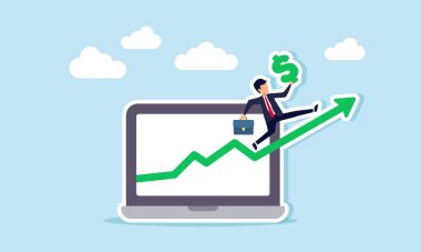 Yükselen yeşil çizelgede yürüyen bir dolar işareti taşıyan bir işadamı dizüstü bilgisayardan çıkıyor, gelir ve karı artırmak için iş analizinin bir çizelgesi