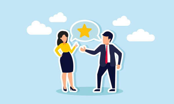 A businessman and businesswoman talk, creating a dialogue box labeled with stars, illustration of sharing ideas on strategies to improve business ratings and quality