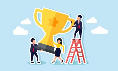 Businesspeople working together to lift a trophy, illustration of teamwork in improving business performance to become a leading company in its field and scale clipart