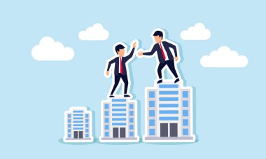 Küçük işletme binalarında ayakta duran bir işadamına yardım eden bir işadamı, bir grup şirkete iş güçlükleriyle karşı karşıya kalmasında yardım etme çabalarının bir göstergesi