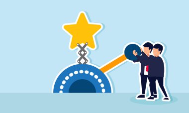 İki işadamı, bir yıldız makinesini hareket ettiren bir kolu çekerek, iş notunu ve kalitesini artırmak için takım çalışmasını resmetmeye çalışıyor.