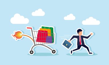 Alışveriş çantalarıyla dolu bir kovalamacadan kaçmak için koşan bir işadamı, fitili ateşlenmiş, iş harcamaları veya alışveriş faturaları tarafından kovalandığının bir göstergesi.