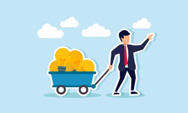 Lamba yığınlarıyla dolu bir yük trenini çeken bir işadamı, iş dünyasına uygulanacak fikirlerin ve yeniliklerin resimlerini çiziyor.