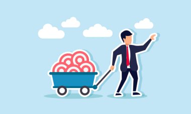 Hedef tahtalarla dolu bir yük trenini çeken bir işadamı, iş hedeflerini tamamlama ve başarma çizelgesi