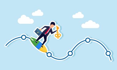 Sörf tahtasında süzülürken anahtar taşıyan bir işadamı, iş sorunlarını çözerken doğru kararları verdiğinin bir göstergesi.