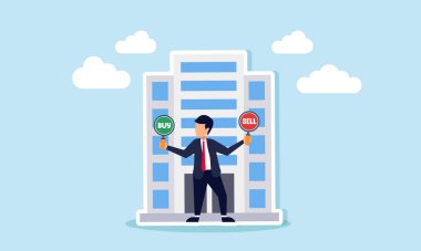 BUY ve SELL yönetim kurullarını elinde tutan bir işadamı, bir ofis binasının önünde duruyor.