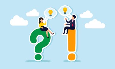 Bir işadamı ünlem işaretinin üzerinde otururken, bir iş kadını soru işaretinin üzerine oturur, her konuşma ampul etiketli bir diyalog kutusuyla yapılır, iş fikirlerinin paylaşımında farklı görüşler