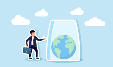 Bir işadamı, dünyayı açgözlülükten ve girişimcilerin sömürüsünden kurtardığını gösteren, içinde dünya sembolü bulunan cam bir kavanozun yanında duruyor.