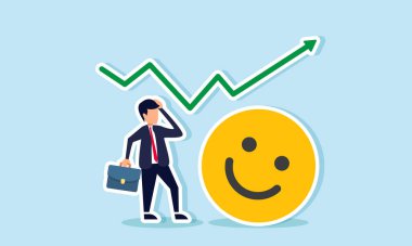 Yükselen bir mutlu ifade grafiğinin yanında duran iş adamı, kafası karışık görünüyor, önemli iş piyasası katılım artışına şaşırdığının bir göstergesi.