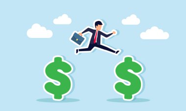 Bir işadamı bir dolar işaretinden diğerine atlıyor, daha fazla kazanç ve iş kazancı elde etme çabalarının bir göstergesi.
