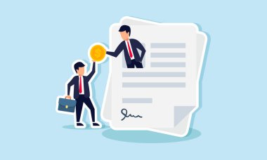 Sözleşme kağıdından çıkan bir işadamı, üzerinde anlaşma sağlanan projeye depozito sağlamanın bir göstergesi olarak başka bir işadamından bir dolar alır.