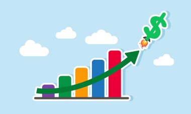 Yükselen bir grafiğin ötesine geçen roket şeklinde bir dolar işareti, büyüyen şirket finansmanının bir göstergesi.