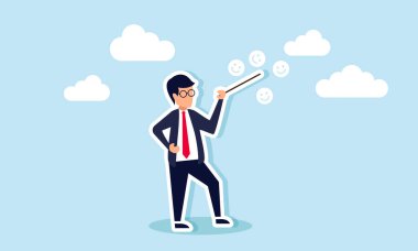 Bir müzik yönetmeni gibi bir iş adamı sopa sallar, mutlu bir ifade yaratır, piyasa faaliyetlerinin artması ve ilgi çekme sanatının bir göstergesidir.