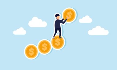 Bir işadamı merdiven gibi bir dizi para düzenler, adım adım şirket finansmanını düzenler ve yönetir.