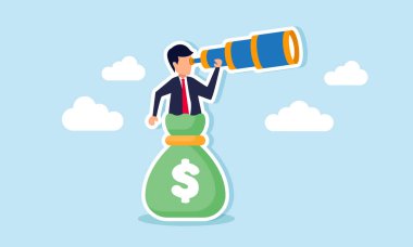 Bir iş adamı bir çanta dolusu banknota bakar, bir şirketin mali durumunu gözlemler ve analiz eder.