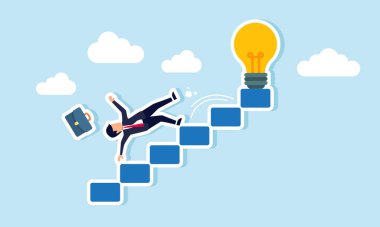 Bir işadamı lambaya çıkan merdivenden düşer, ticari fikirler ve yenilikler elde etme ve uygulamada başarısızlığın bir göstergesi.