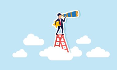 A businessman holds a star and peers ahead while climbing a ladder above the clouds, illustration of observing and analyzing strategies to improve business ratings clipart