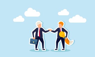 Yaşlı bir işadamı, lamba taşıyan tilki kuyruklu bir iş ortağıyla el sıkışıyor. Kurnaz bir ortakla iş fikirleri ve yenilikler öneren bir anlaşmanın resmi.