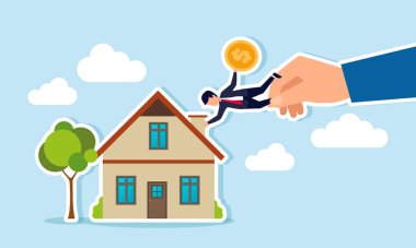 Bir işadamı bir dolar para tutarken bir yandan evin bacasını sımsıkı tutarken diğer yandan da bir önceki bir şirketteki konfor bölgesinden bir finans müdürünü işe almanın resimlerini çeker.